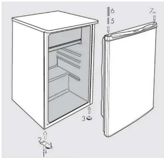 Technical diagram of a refrigerator with labeled parts, showing front and side views with numbered labels.