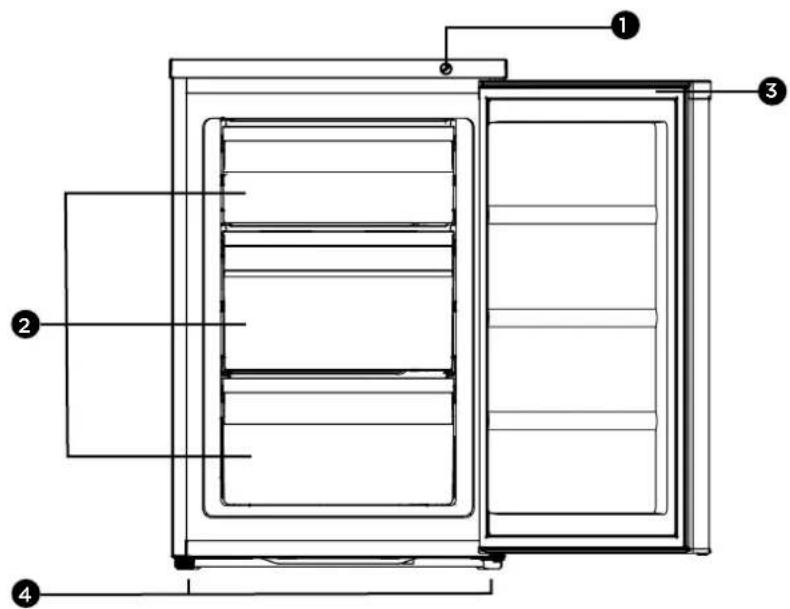 Technical diagram of a refrigerator with numbered components for identification