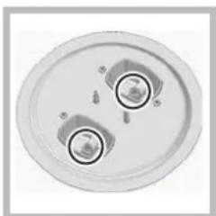 Top-down view of a circular mechanical component with two central holes and mounting holes (no text or symbols visible)