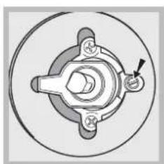 Mechanical component diagram showing a central hub with four mounting holes and a pointer indicating a feature (no text or labels)