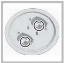 Top-down view of a circular mechanical component with two circular features and mounting holes (no text or symbols visible)