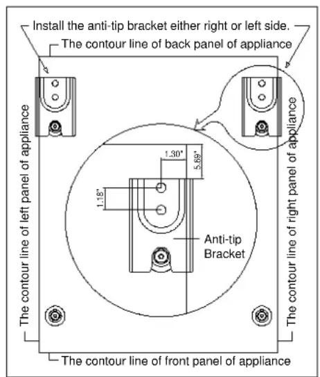 Install the anti-tip bracket either right or left side. The contour line of back panel of appliance The contour line of left panel of appliance 1.30" 5.69" 1.18" Anti-tip Bracket The contour line of front panel of appliance