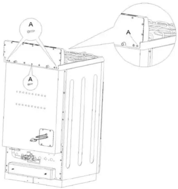 Technical diagram of an electrical enclosure with labeled components and a magnified inset showing internal wiring layout.