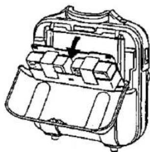 Technical line drawing of a mechanical device with internal compartments and a highlighted section.
