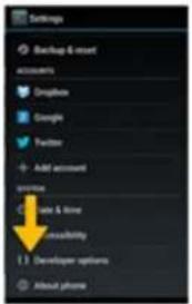 Settings Backup & insert ACCOUNTS Dragbox Google Twitter Add account create Date & time Accessibility Developer options About phone