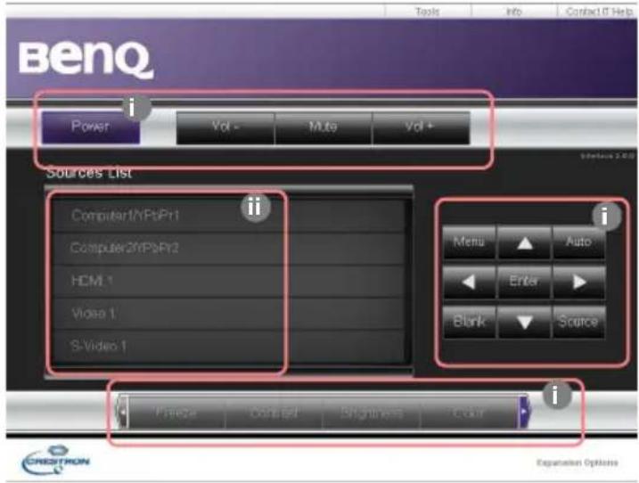 BenQ Power Vol - Muto Vol + Sources List Computer1/MPaPrt1 Computer2/MPaPrt2 HCM 1 Video 1 S-Video 1 Menu Auto Enter Blank Source i i CREDITRON Expansion Options