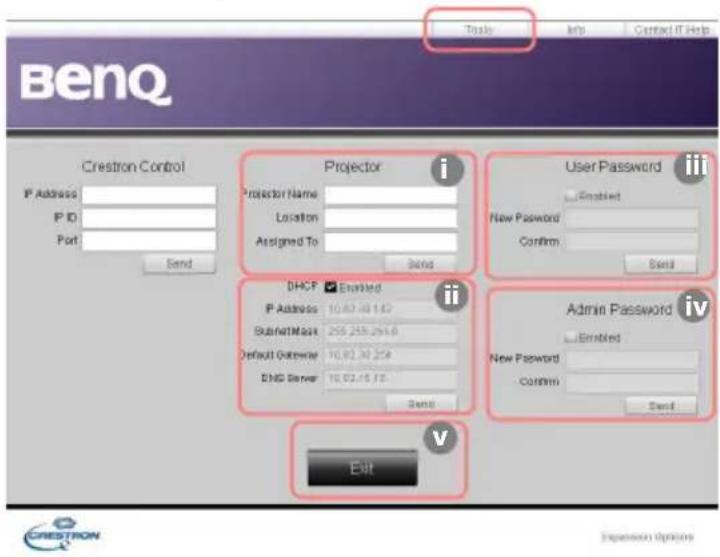 Benson Tasky Info Contact IT Help Crestron Control Projector i User Password P Address P ID Port Projector Name Location Assigned To Dund New Password Confirm Send DHCF Enabled P Address 10.02.40 142 SubnetMask 255.255.2516 Default Gateway 10.02.40 254 EMG Server 10.02.45 316 Send Admin Password v Enabled New Password Confirm Send Exit CRESTRON Expansion Options