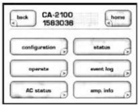 back CA-2100 1583036 home configuration status operate event log AC status amp. info
