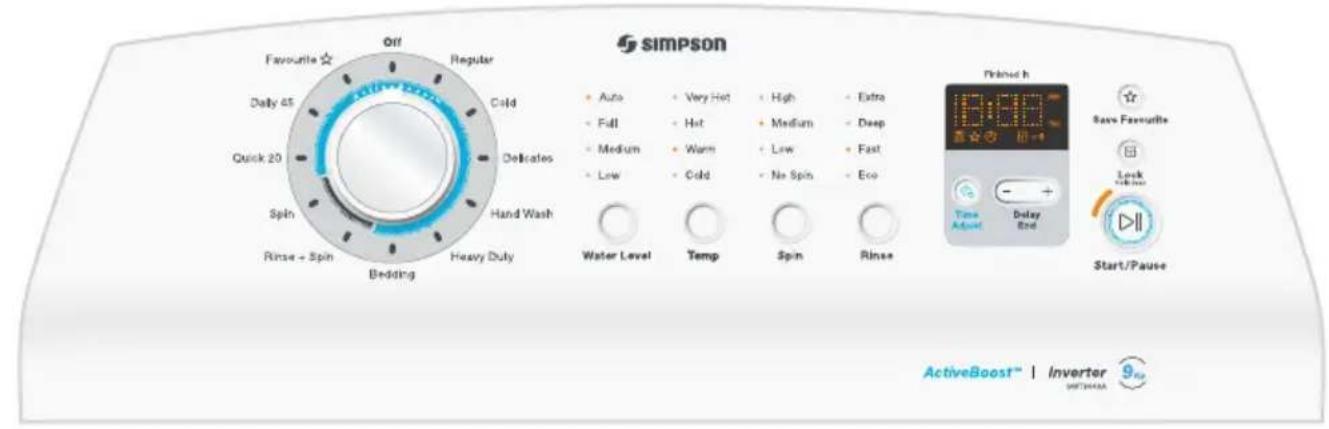 SIMPSON Favourite ☆ Regular Cold Delicates Quick 20 Spin Rinse + Spin Bedding Heavy Duty Hand Wash Diff Favourite ☆ Dolly 65 Auto Very Hot High Extra Full Hot Medium Medium Deep Low Warm Low Fast Low Cold No Spin Eco Water Level Temp Spin Rinse Drivened h 13:10:00 Save Favourite Lock Start/Pause Time Adjust Delay End ActiveBoost™ | Inverter WITCHMAX 9.82
