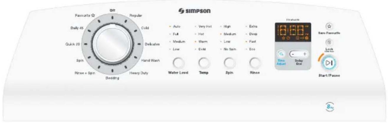 SIMPSON Favourite ★ Off Regular Daily 45 Cold Delicates Quick 20 Spin Rinse + Spin Heavy Duty Bedding Auto Very Hot High Extra Full Hot Medium Warm Medium Deep Low Low Fast Cold No Spin Eco Water Level Temp Spin Rinse Finished in Time Adjust Delay Due Save Favourites Lock Limit Size Start/Pause