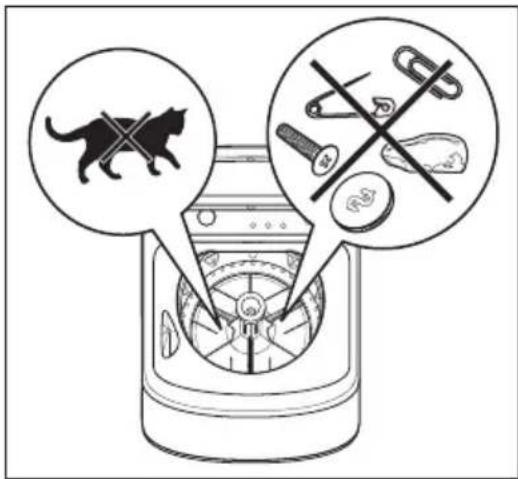Diagram illustrating a kitchen appliance with cat silhouettes and crossed-out tools, including a crossed-out cat and no-smoking items.