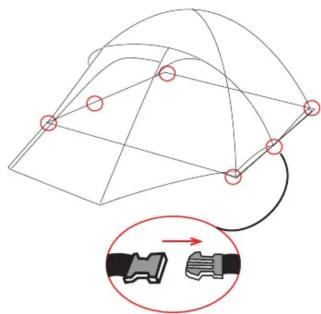 Diagram illustrating a cable fastening mechanism with labeled components and a magnified inset showing the cable attachment.