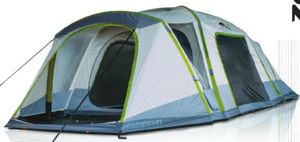 Exterior view of a camping tent with blue and white panels, no visible text or symbols