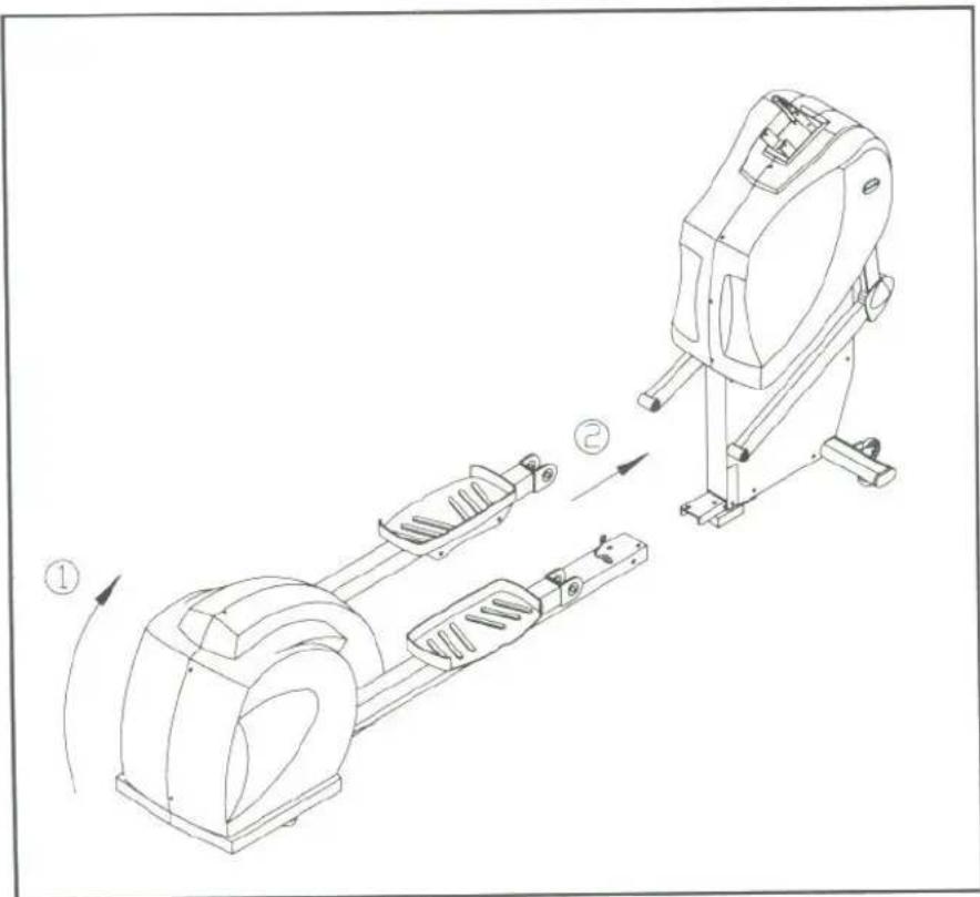 Technical diagram showing mechanical assembly with numbered components and directional arrows indicating motion or assembly steps.