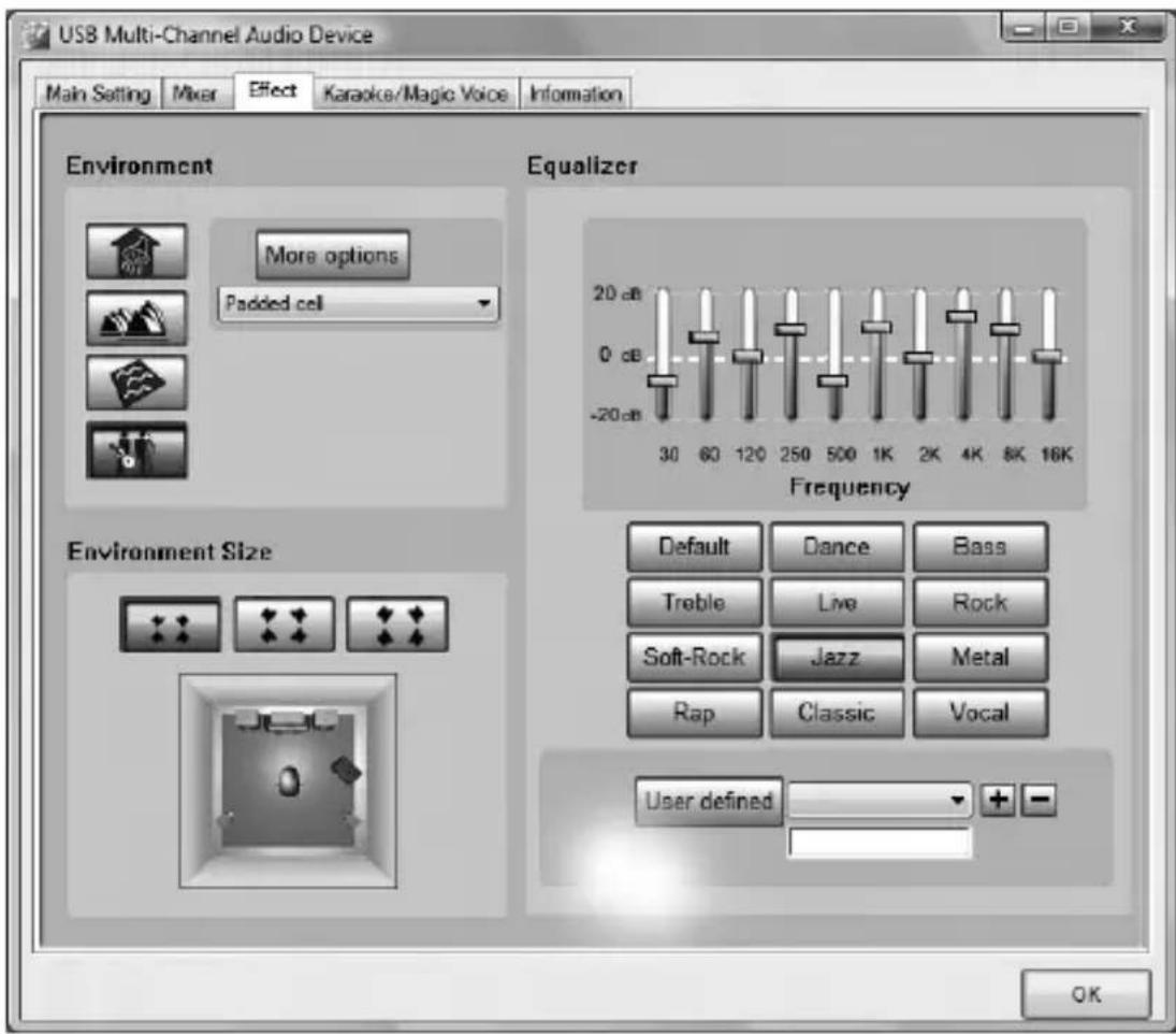 USB Multi-Channel Audio Device Main Setting Mixer Effect Karaoke/Magic Voice Information Environment More options Padded cell Equalizer 20 dB 0 dB -20 dB 30 60 120 250 500 1K 2K 4K 8K 16K Frequency Environment Size Default Dance Bass Treble Live Rock Soft-Rock Jazz Metal Rap Classic Vocal User defined + - OK