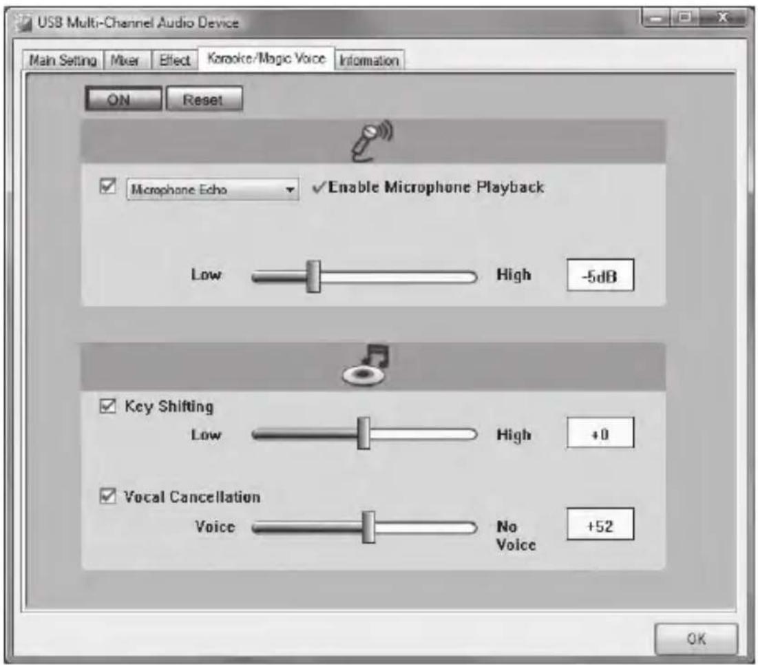 USB Multi-Channel Audio Device Main Setting Mixer Effect Koraoke/Magic Voice Information ON Reset ✓ Microphone Echo ✓ Enable Microphone Playback Low High -5dB ✓ Key Shifting Low High +0 ✓ Vocal Cancellation Voice No Voice +52 OK