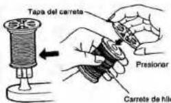 Diagram showing a sewing machine with labeled parts and a hand holding the part, indicating a sewing machine operation.