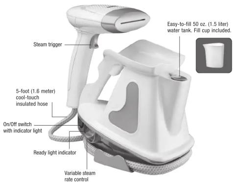 Steam trigger 5-foot (1.6 meter) cool-touch insulated hose On/Off switch with indicator light Ready light indicator Variable steam rate control Easy-to-fill 50 oz. (1.5 liter) water tank. Fill cup included.