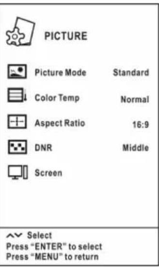 PICTURE Picture Mode Standard Color Temp Normal Aspect Ratio 16:9 DNR Middle Screen ✓ Select Press "ENTER" to select Press "MENU" to return