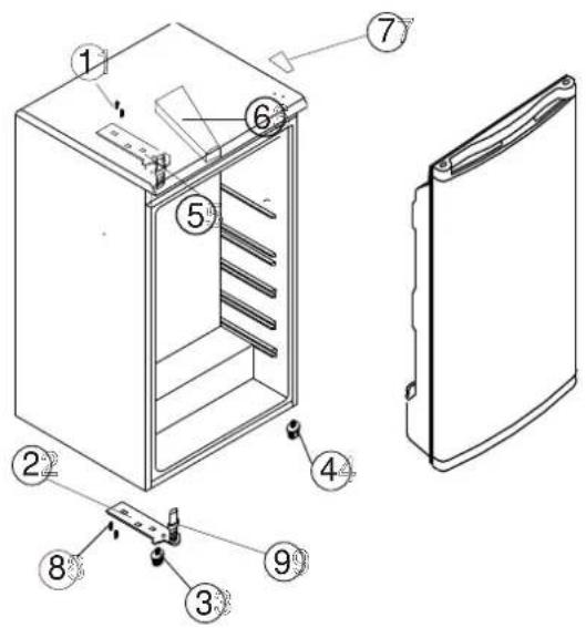 Technical diagram of an refrigerator with numbered parts for identification and assembly reference.