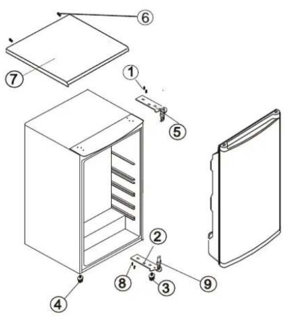 Exploded view diagram of a refrigerator with numbered parts for identification