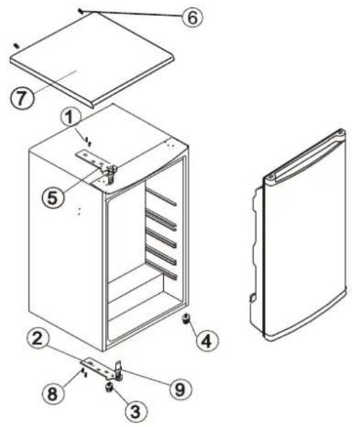 Technical diagram of a refrigerator with numbered parts for identification and assembly reference.