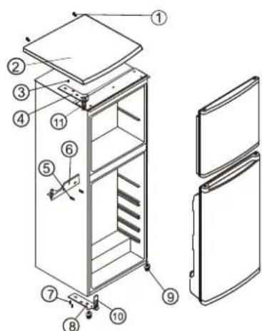 Technical diagram of a refrigerator with numbered components for identification and assembly reference.
