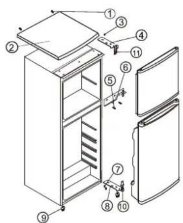Exploded view diagram of a refrigerator with numbered parts for identification