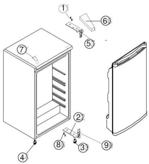 Exploded view diagram of a refrigerator with numbered parts for identification