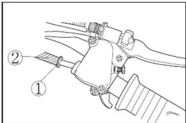 Technical diagram of a mechanical device with labeled parts 1 and 2, showing components like wires and clamps.