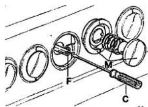 Technical diagram showing mechanical assembly with labeled parts F, M, and C