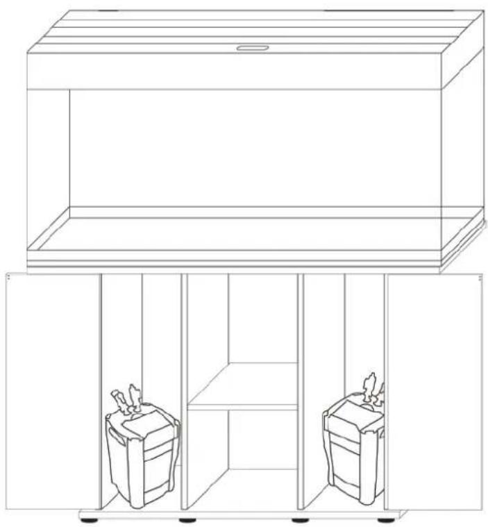 Line drawing of a two-tiered storage cabinet with two internal compartments (no text or symbols)