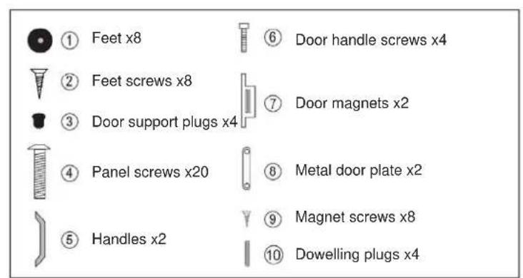 ① Feet x8 ② Feet screws x8 ③ Door support plugs x4 ④ Panel screws x20 ⑤ Handles x2 ⑥ Door handle screws x4 ⑦ Door magnets x2 ⑧ Metal door plate x2 ⑨ Magnet screws x8 ⑩ Dowelling plugs x4