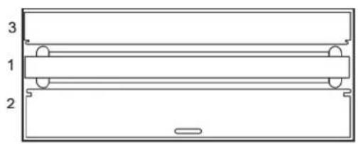 Pure technical diagram of a rectangular frame with three horizontal bars and circular cutouts, no text or symbols present.