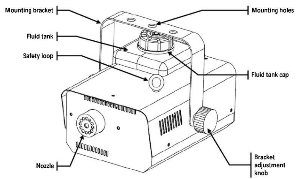Mounting bracket Fluid tank Safety loop Nozzle Mounting holes Fluid tank cap Bracket adjustment knob
