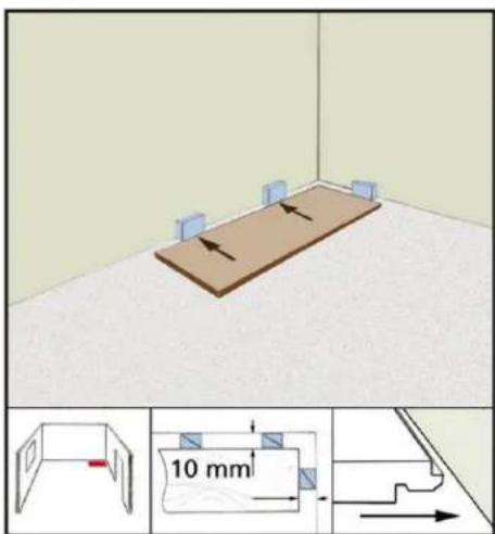 Diagram showing a 3D room layout with a wooden platform and directional arrows, alongside a schematic diagram of a 10 mm dimensioned component.