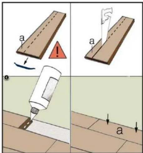 Diagram illustrating four steps of a tool application on a wooden surface, with labeled arrows and warning symbols.