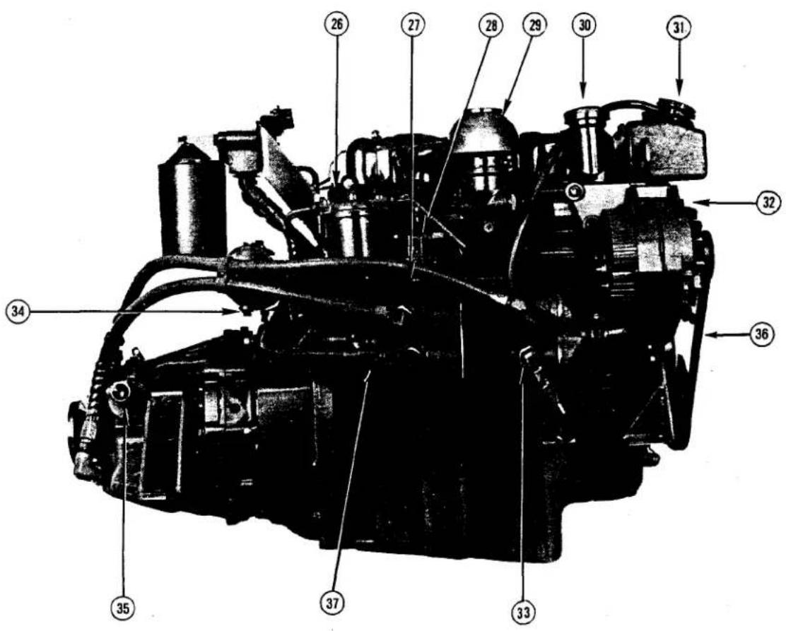 Technical diagram of a mechanical engine with numbered components for identification