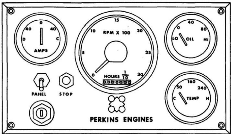 0 40 D C AMPS 15 10 RPM X 100 20 25 5 0 HOURS 1/10 30 0.0.0.0.0.0.0 0.0.0.0.0.0.0 LO OIL HI PANEL STOP PERKINS ENGINES 30 240 TEMP H 160