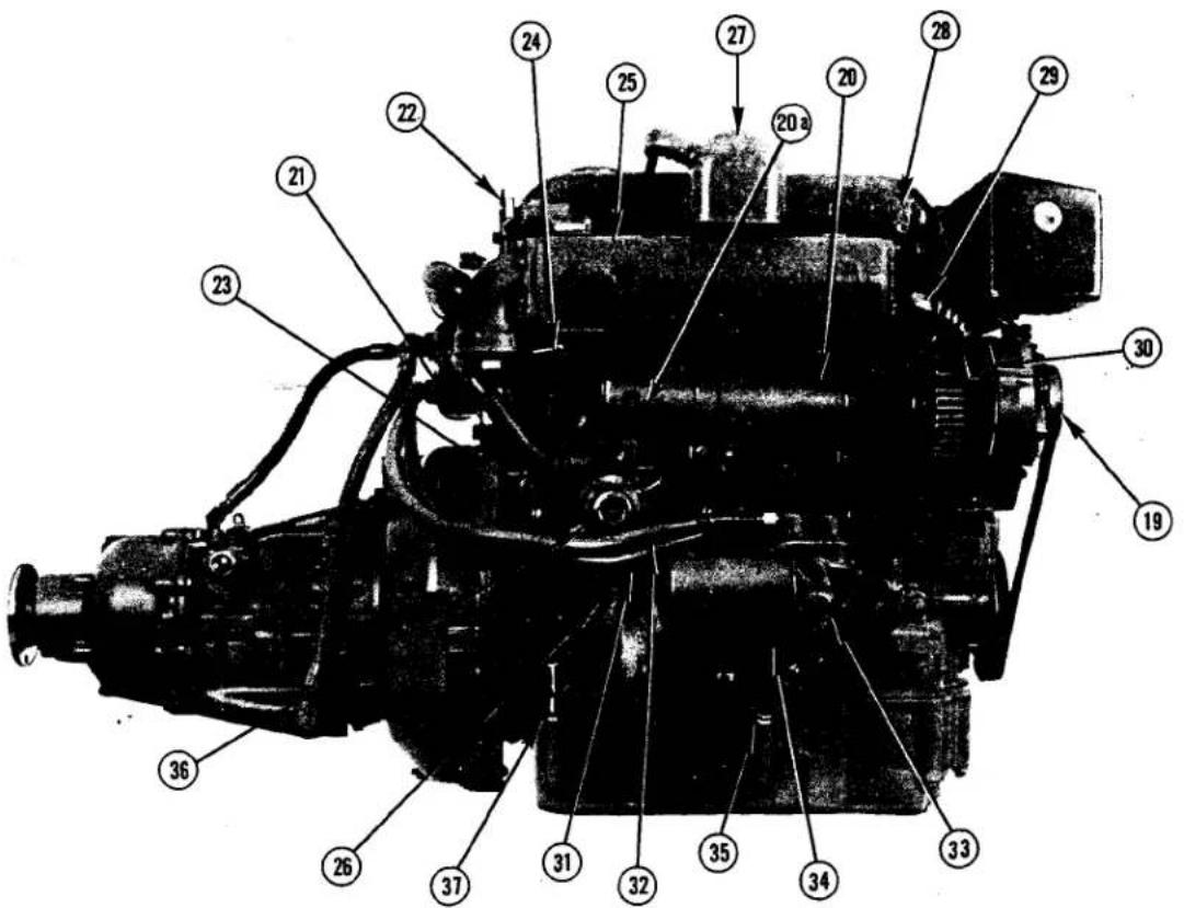 Technical diagram of a mechanical engine with numbered components for identification