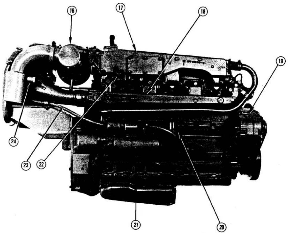 Technical diagram of an internal combustion engine with numbered components for identification