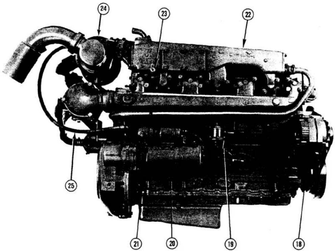 Technical diagram of a mechanical engine with numbered parts labeled for identification.