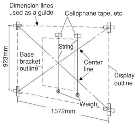 Dimension lines used as a guide Cellophane tape, etc. 923mm Base bracket outline String Center line Display outline Weight 1572mm