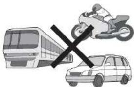 Diagram showing a bus, a car, and a motorcycle crossed out with a cross symbol indicating no crossing or prohibition.
