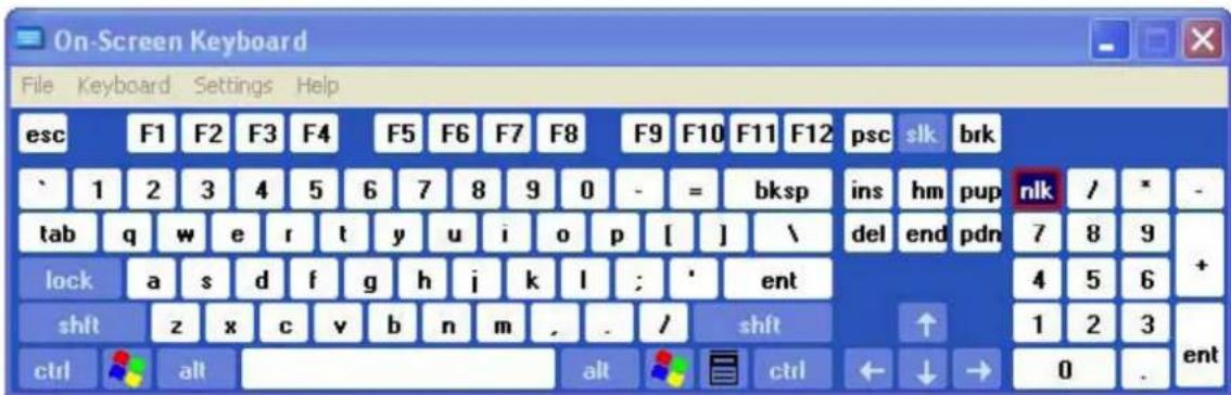 On-Screen Keyboard File Keyboard Settings Help esc F1 F2 F3 F4 F5 F6 F7 F8 F9 F10 F11 F12 psc slk brk ` 1 2 3 4 5 6 7 8 9 0 - = bksp ins hm pup nk / * - tab q w e r t y u i o p [ ] \ del end pdn 7 8 9 lock a s d f g h j k l ; ' ent shift z x c v b n m , . / shift ↑ 4 5 6 ctrl alt alt ctrl ← ↓ → 0 . +ent