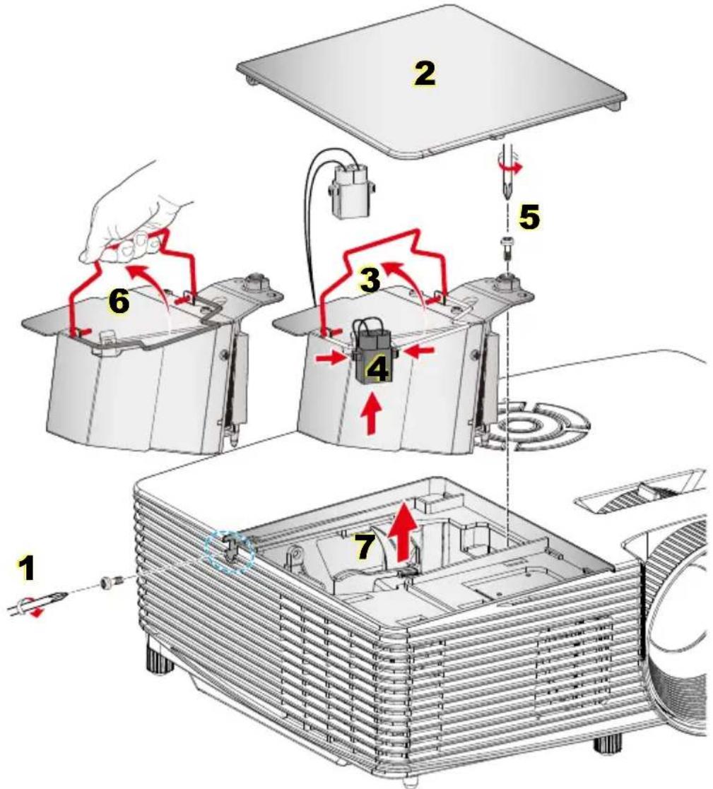 Technical diagram showing a multi-step assembly of electronic devices with numbered components and red directional arrows indicating motion or movement.
