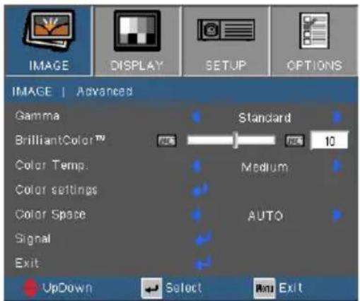 IMAGE | Advanced Gamma BrilliantColor™ Color Temp. Color settings Color Space Signal Exit Standard 10 Medium AUTO UpDown Select Exit
