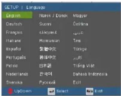 SETUP | Language English Narek / Densk Magyar Deutsch Suomi Cesfina Français chunjuk ###F Italiano Romanian Tino Español 繁體中文 Toriko Portugues 皆体中文 ###S Polka 日本語 Tióng Viát Nederlands 한국아 Bansas Indonesia Svenska Pyocouï Exit UpDown Select Exit