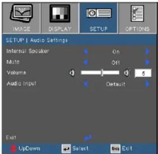 IMAGE DISPLAY SETUP OPTIONS SETUP | Audio Settings Internal Speaker On Mute Off Volume 5 Audio Input Default Exit UpDown Select Next Exit