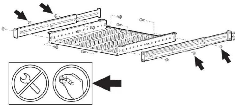 Technical diagram illustrating a rack-mounted device with labeled components and safety symbols for no-smoking or hand protection.